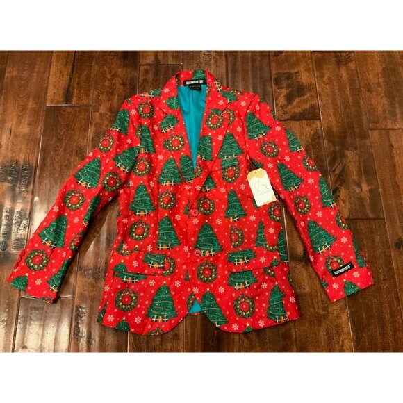 Suitmeister Youth Boys Red Christmas Tree Wreath Holiday Blazer Size L 10/12Y